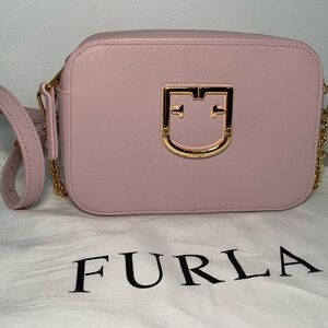 LIKE NEW - FURLA CROSSBODY CAMERA BAG PURSE BABY PINK AND GOLD AUTHENTIC